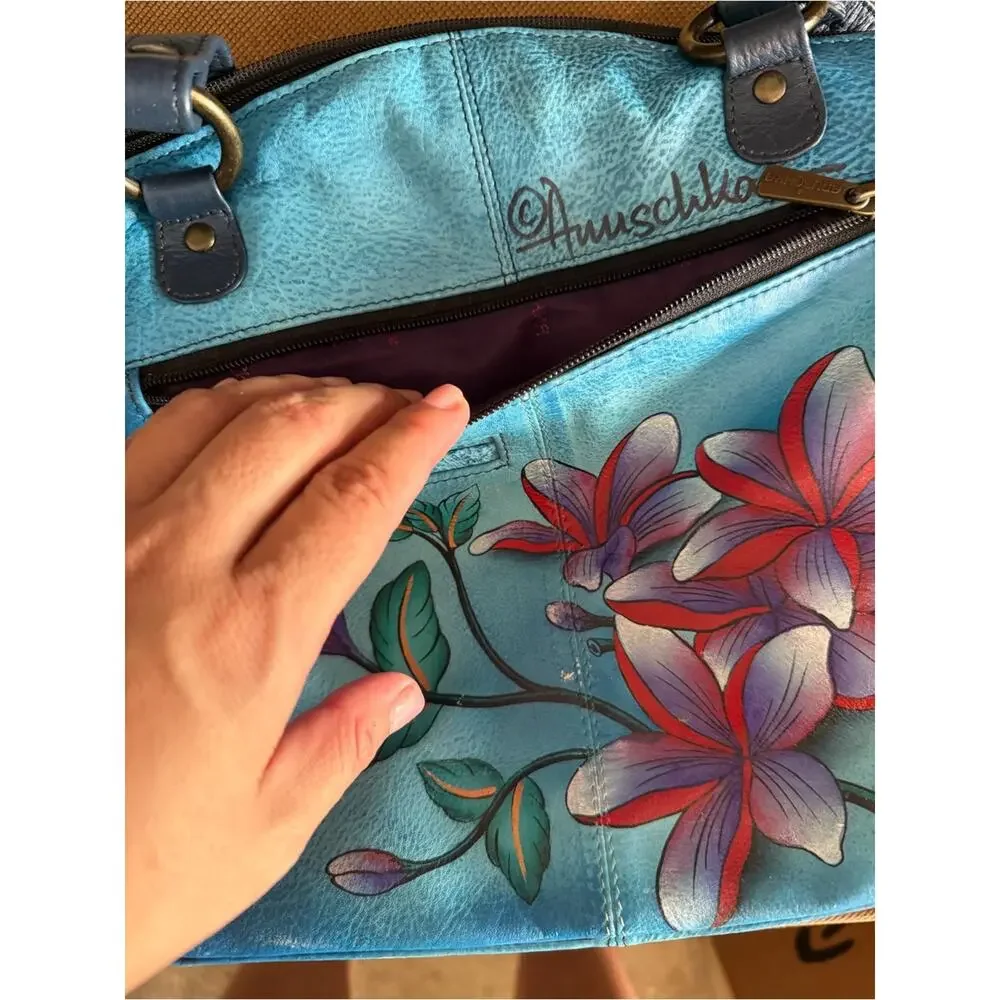 Anuschka Floral Hand Painted Leather Purse Handbag Blue